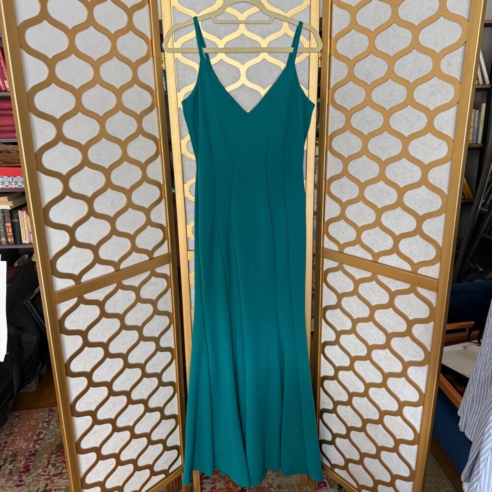Vintage Y2K Jump Apparel Size 3/4 Teal Green V-Neck Seamed Mermaid Evening Gown - Picture 9 of 16